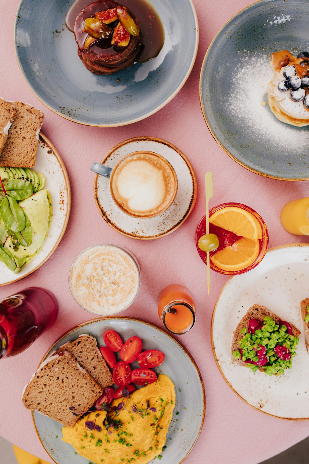 breakfast, brunch table, pancakes, food table, food porn, juice, breakfast table, pink cloth